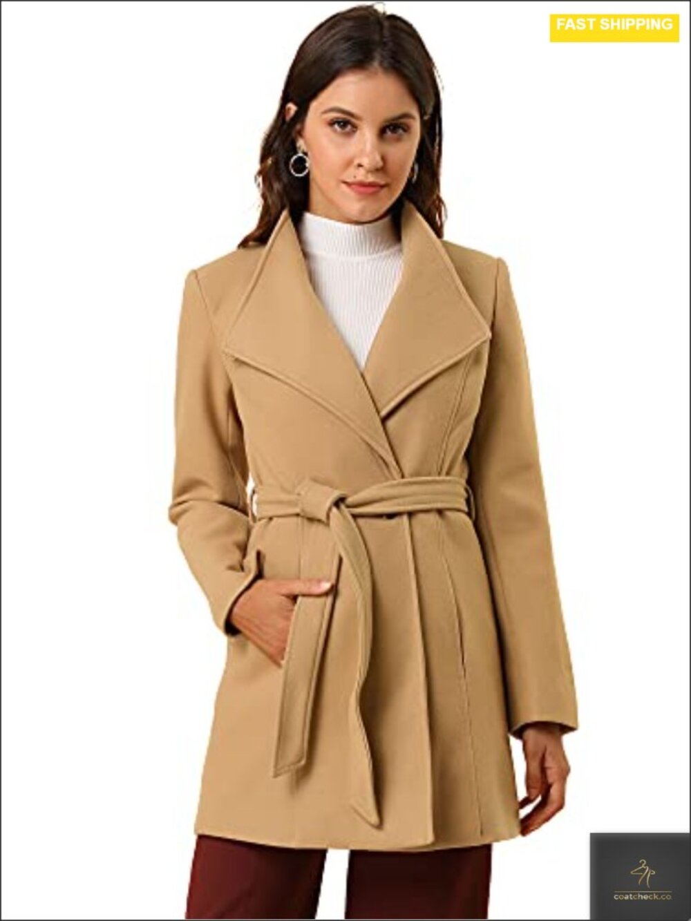 Women's Elegant Stand Collar Long Belted Pea Coat Winter Outerwear